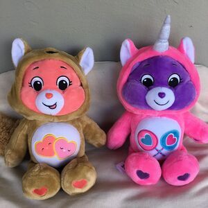 Lot of 2 Care Bears Plush Toy Fox Squirrel & Share Bear Unicorn Hoodie Friends